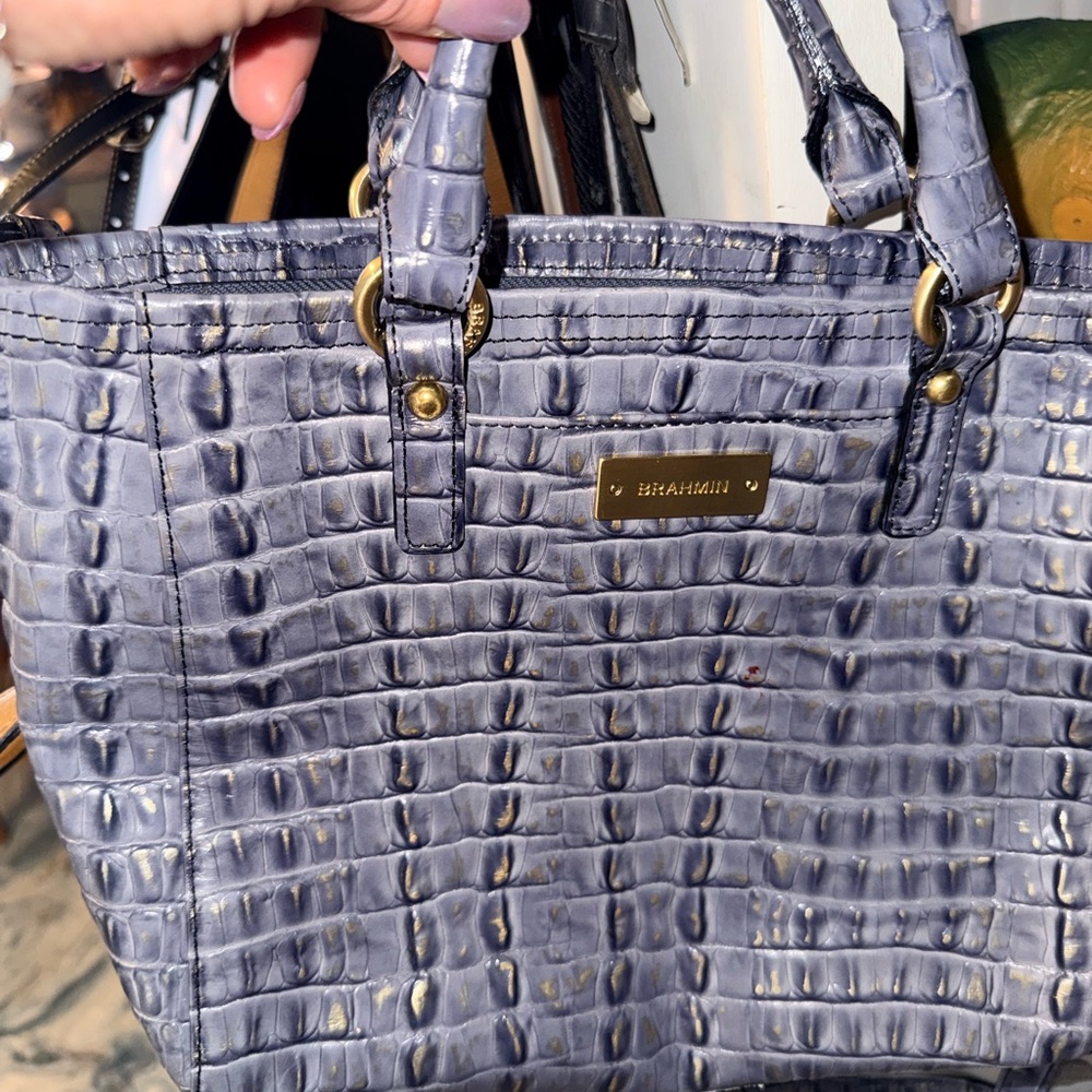 Brahmin Croc-Embossed Lavender Tote with Gold Hardware